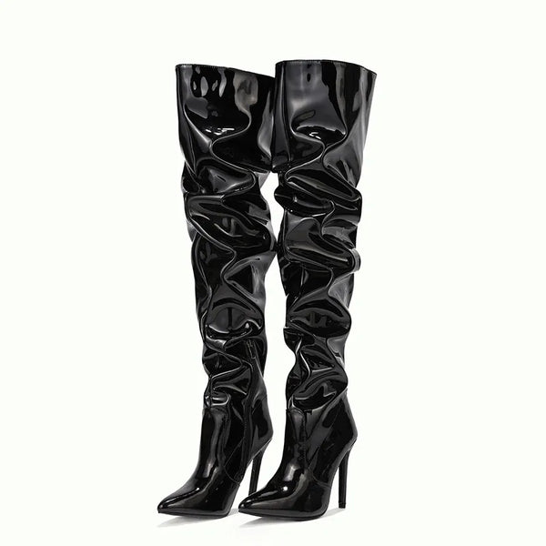 Trendy Over Knee Pleated Patent Leather High  Heel Boots