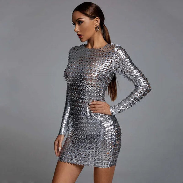 Trendy Hollow Out Silver Party Long Sleeve Mini Dress
