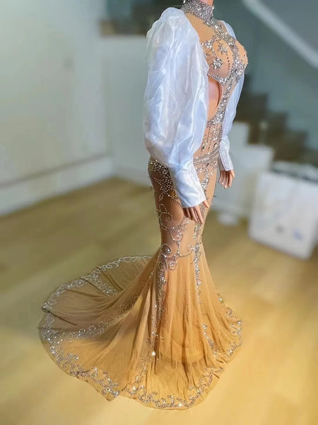 Trendy Gold Rhinestone Puff Sleeve Mermaid Dress