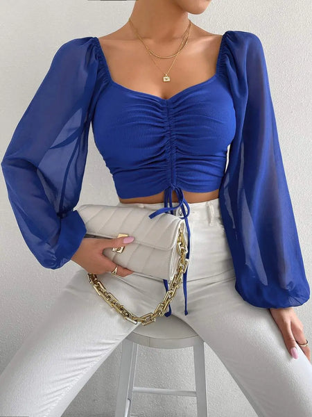Trendy Puff Sleeve Lace up V-neck Blouse