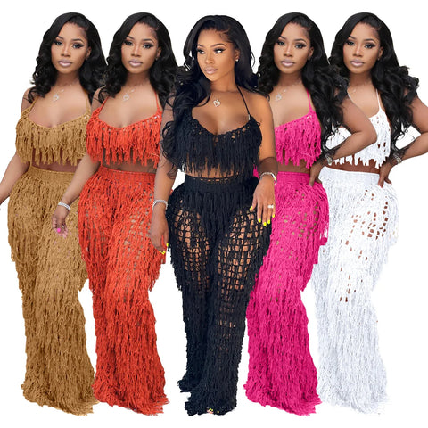 Five women wearing different styles of crochet tops and bottoms sets on a white background