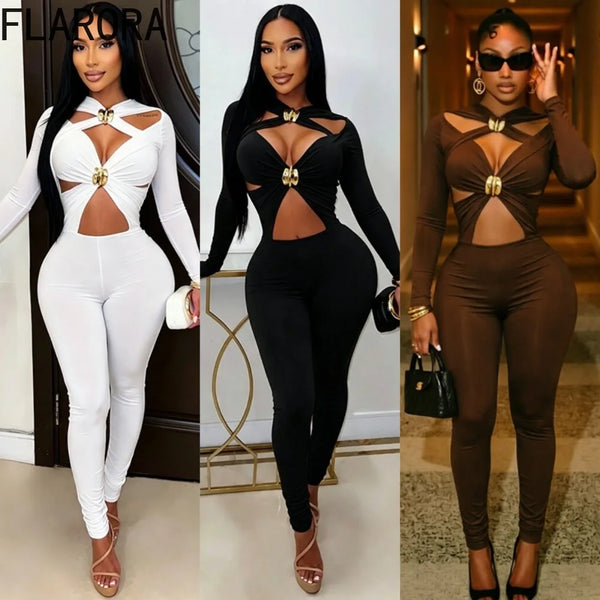 Trendy Jumpsuit With Metal Hollow Out Open