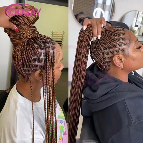 36Inch Burgundy Synthetic Long Box Braided Wig Full Lace Straight Knotless Cornrow Braid with Baby Hair for Women