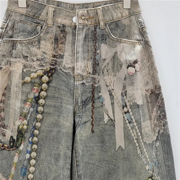 Lace Pearl Chain 3D Printed Wide Leg Jeans, Women Loose Straight-leg Trousers, Fashion Street Wear