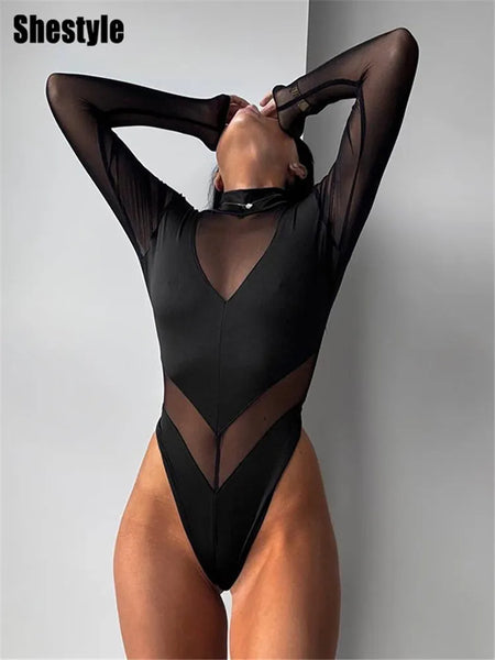 Trendy Patchwork  Mesh Transparent Bodysuit