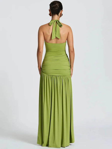 Trendy Backless Halter Bodysuit Draped Maxi Dress