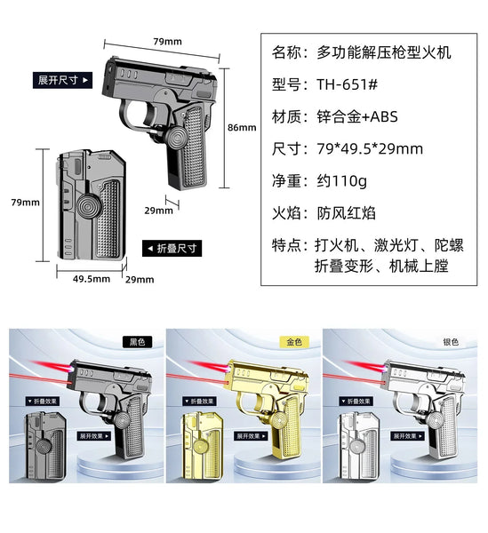 Metal Folding Gun Style Inflatable Lighter Windproof Butane Gas Jet Red Flame Gyroscope Lighter with Laser for Men's Small Tool