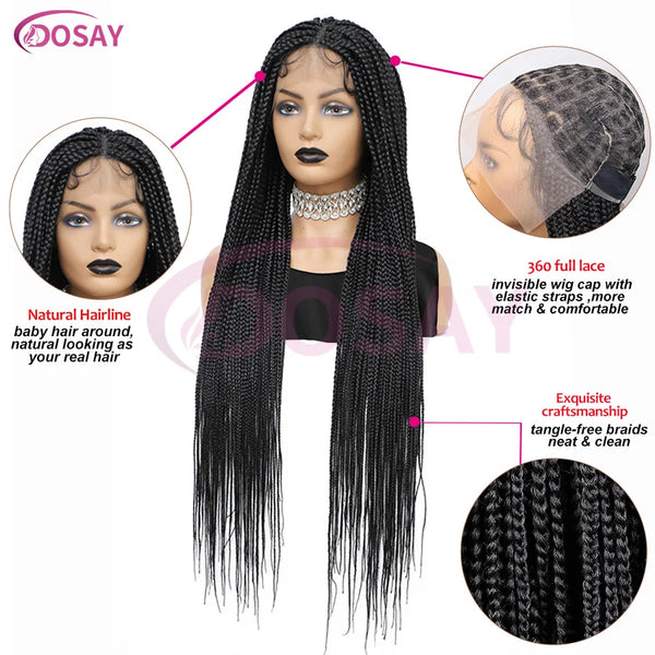 36Inch Burgundy Synthetic Long Box Braided Wig Full Lace Straight Knotless Cornrow Braid with Baby Hair for Women