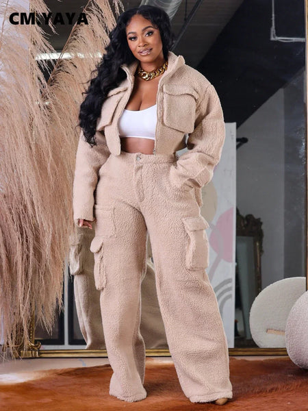 Trendy Fleece Jacket and Wide Leg Pants Outfit