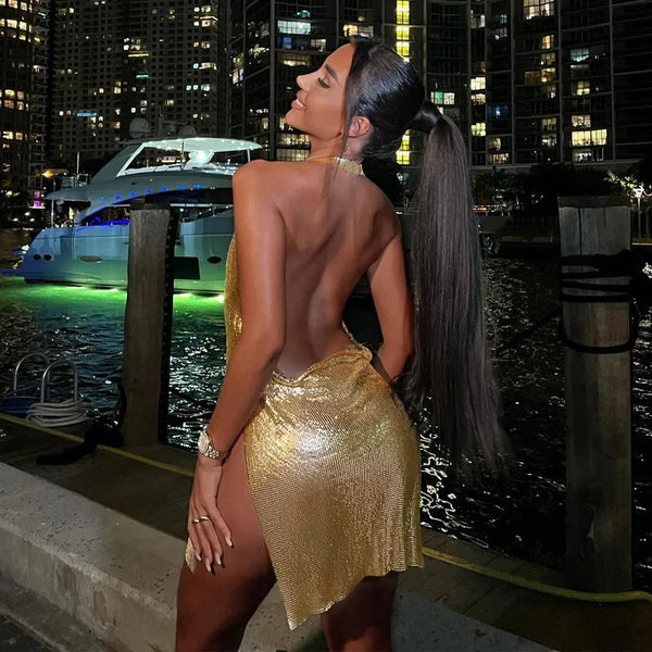 Trendy Short Hanging Backless Party Shimmer Dress