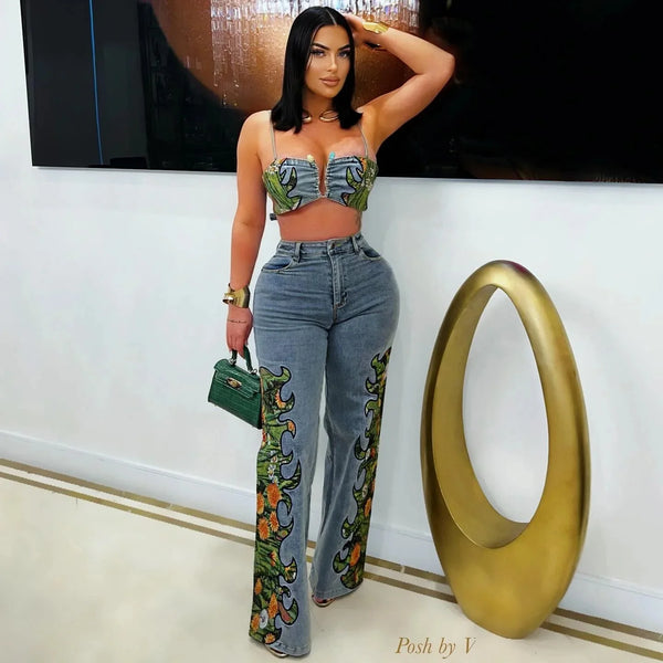 Trendy Floral Crop Top And Bottom High Waist Denim Set