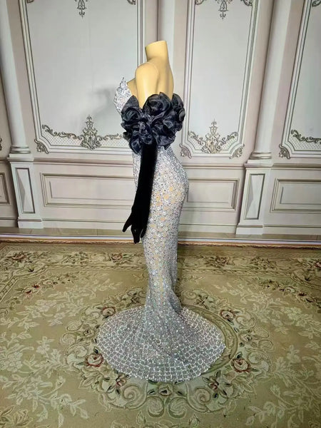Trendy Silver Sparkle Mermaid Formal Dress With Black Puff Sleeves