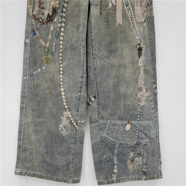 Lace Pearl Chain 3D Printed Wide Leg Jeans, Women Loose Straight-leg Trousers, Fashion Street Wear