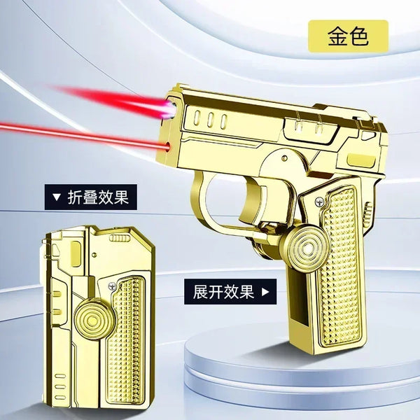 Metal Folding Gun Style Inflatable Lighter Windproof Butane Gas Jet Red Flame Gyroscope Lighter with Laser for Men's Small Tool