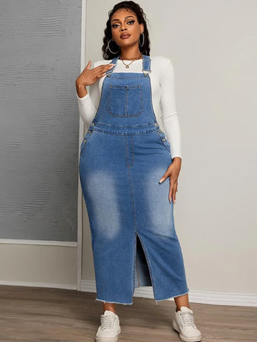 Trendy Plus Size Denim Overall Jean Dress With Front Slit