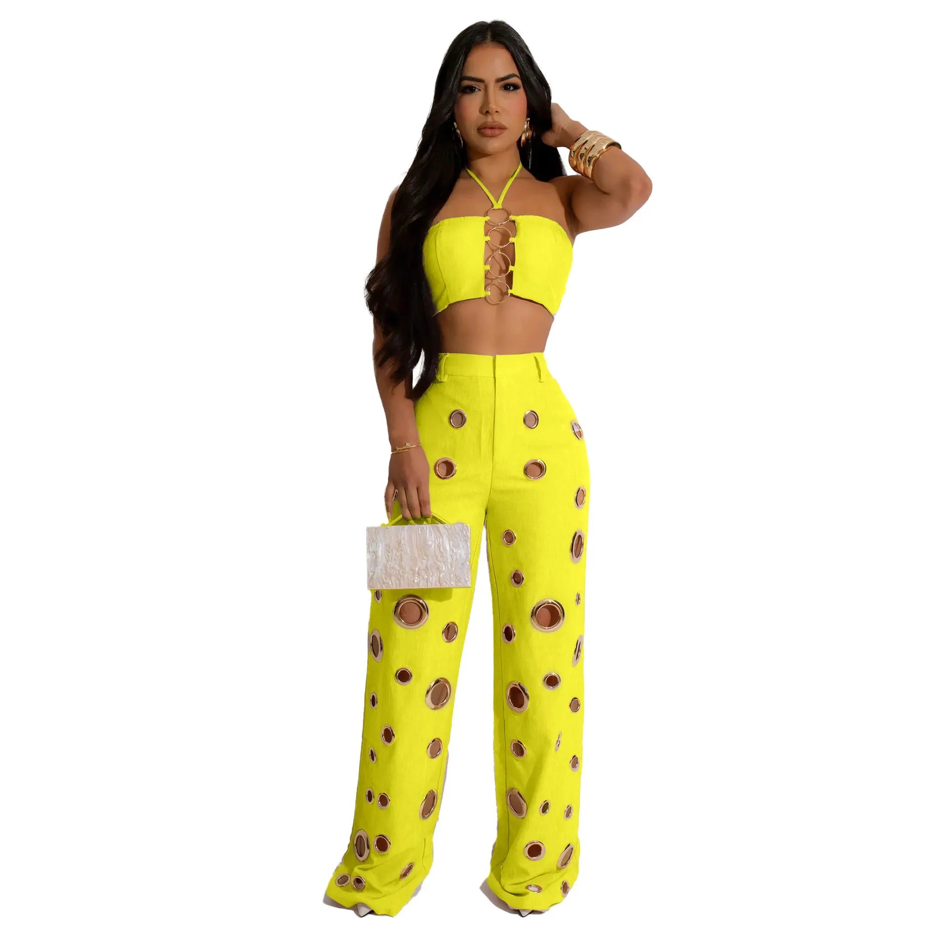 Trendy Hollow Out Two Piece Crop Top And Bottom Pants Set