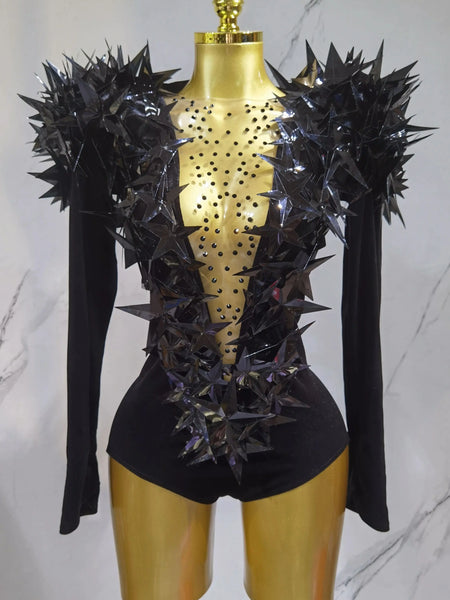 Trendy Long Sleeve Shiny Rhinestone Bodysuit