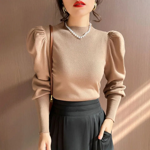 Trendy Turtle Neck Puff Flare Sleeve Blouse