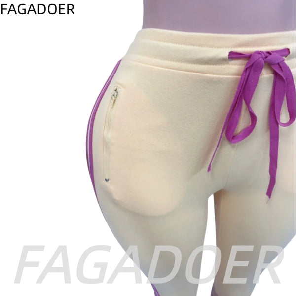FAGADOER Y2K Trendy Color Block Striped 2 Piece Sets Women Casual Zipper Top Pocket Patchwork Drawstring Bodycon Shorts Suits