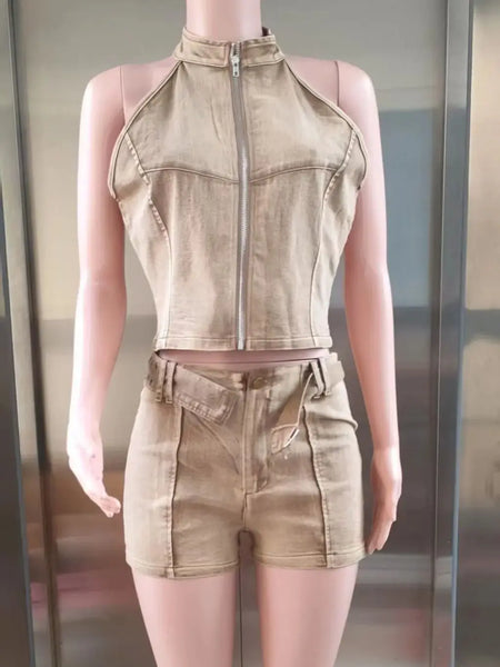 Trendy Denim Cardigan Two Piece Crop Top And Bottom Set