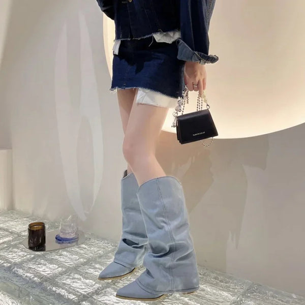 Trendy Pleated Denim Blue Thick Heeled Pointed Toe Western Boots