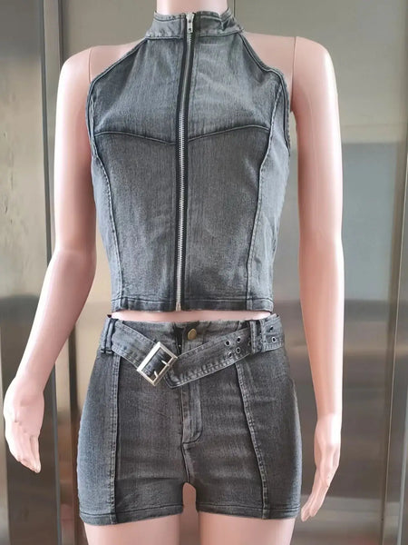 Trendy Denim Cardigan Two Piece Crop Top And Bottom Set