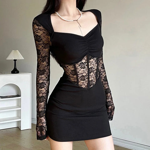 Trendy Black Mesh Lace Long Sleeve Dress