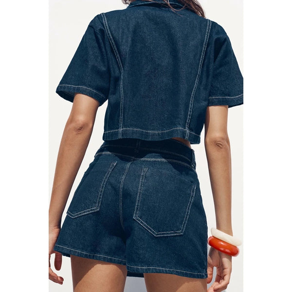 Trendy Denim Scooter Skirt  With Retro Crop Top