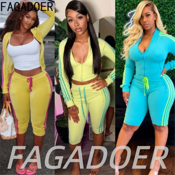 FAGADOER Y2K Trendy Color Block Striped 2 Piece Sets Women Casual Zipper Top Pocket Patchwork Drawstring Bodycon Shorts Suits