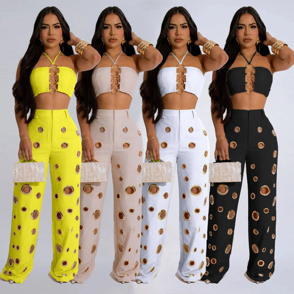 Trendy Hollow Out Two Piece Crop Top And Bottom Pants Set