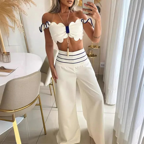 Trendy White / Black Lace Crop Top Design And Pants Set