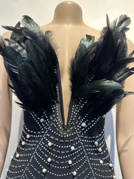 Trendy Pearl Rhinestone Feather Party Dress