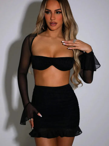 Trendy Mesh Two Piece Mini Skirt and Crop Top Set