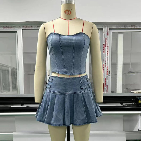 Trendy Two Piece Pleated Denim Skirt And Top Set