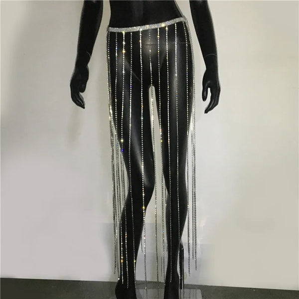 Trendy Glitter Rhinestone Long Tassel Chain Skirt