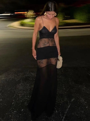 Trendy Black Lace Floral Patchwork Maxi Style Dress