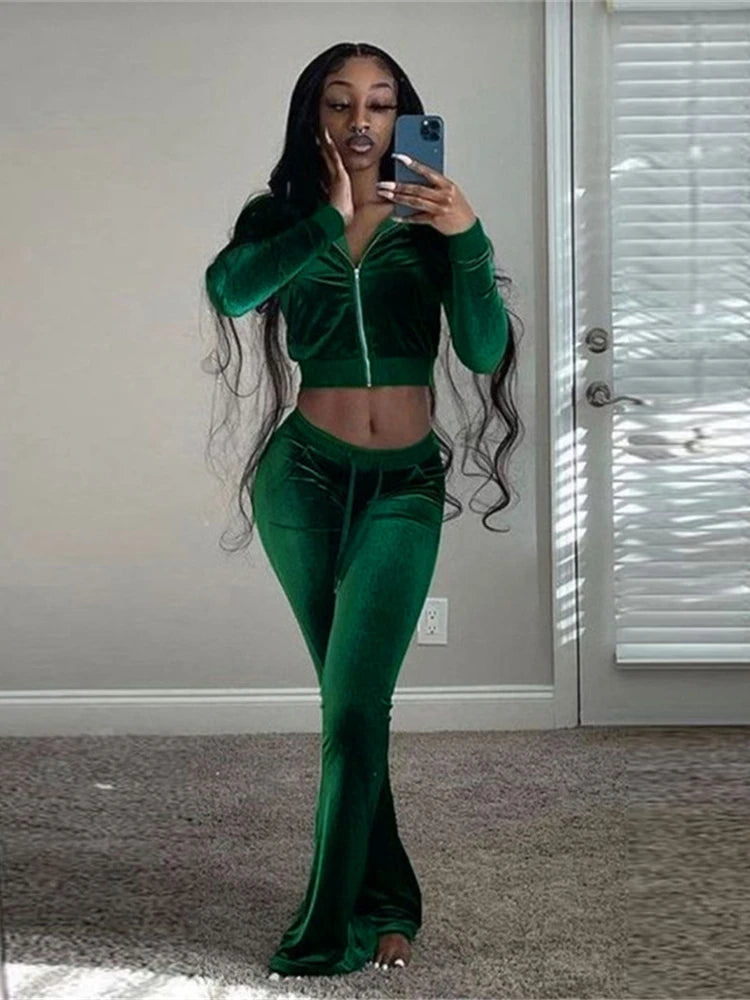 Trendy Solid Color Casual Two Piece Velvet Tracksuit