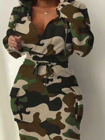Trendy Army Print Side Pocket Hooded Dress