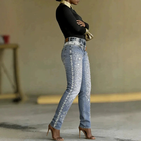 Trendy High Waisted Rhinestone Embellished Jeans
