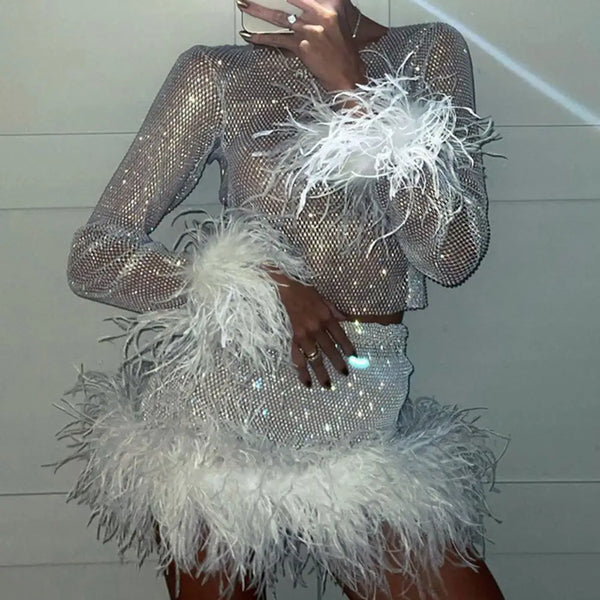 Trendy 2 Pcs/ Mini Sequin Fluffy Feathers Party Dress