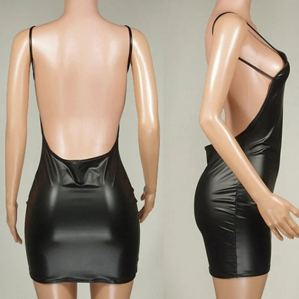 Trendy Black Faux Leather Backless Party Dress