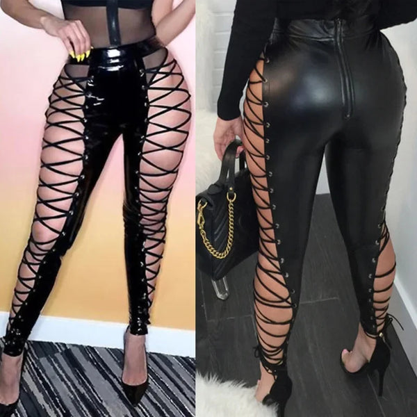 Trendy Patent Leather Black Hollow Out Jeggings