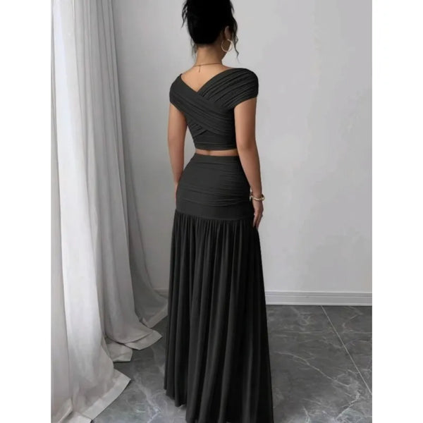 Trendy Pleated Skirt With Off The Shoulder Hollow Out Top