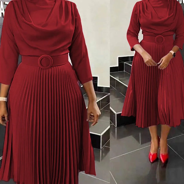 Trendy Pleated Long Sleeve Dress With Belt