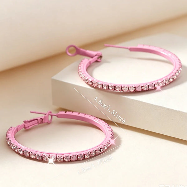 Elegant Sparkling Pink Hoop Earrings with Clear Gemstones for Women Stylish Round Design Perfect Jewelry Gift Novelty Earrings