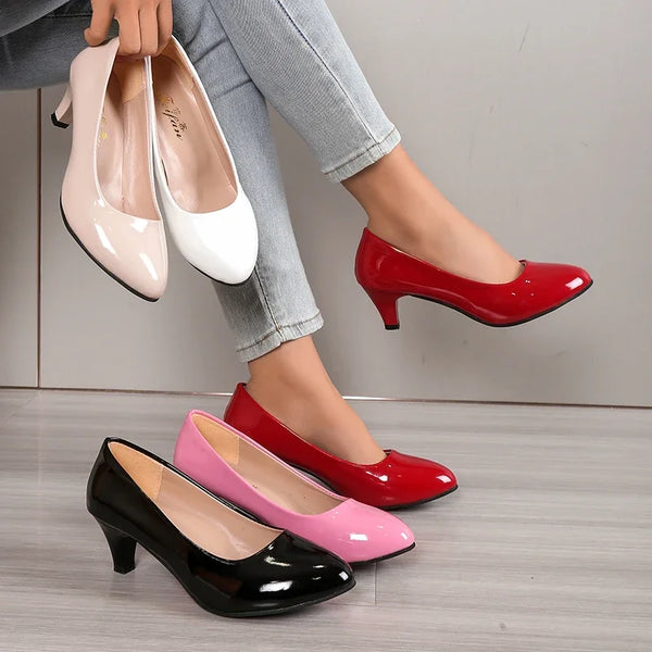 Trendy Round Toe Low Liquid Faux Leather Heels