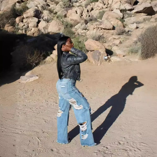 Trendy Rigged Hollow Out High Waist Denim Jeans