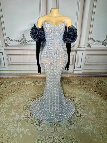 Trendy Silver Sparkle Mermaid Formal Dress With Black Puff Sleeves