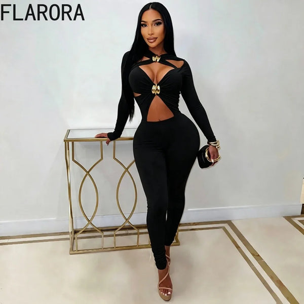 Trendy Jumpsuit With Metal Hollow Out Open