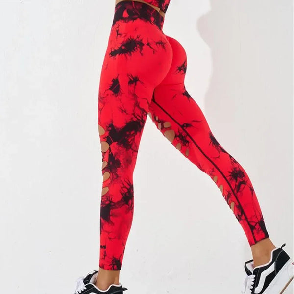 Trendy Tie Dye Seamless Hollow Out High Waist Leggings